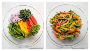 Side-by-side photos of Cilantro Lime Bell Pepper Salad during prep.