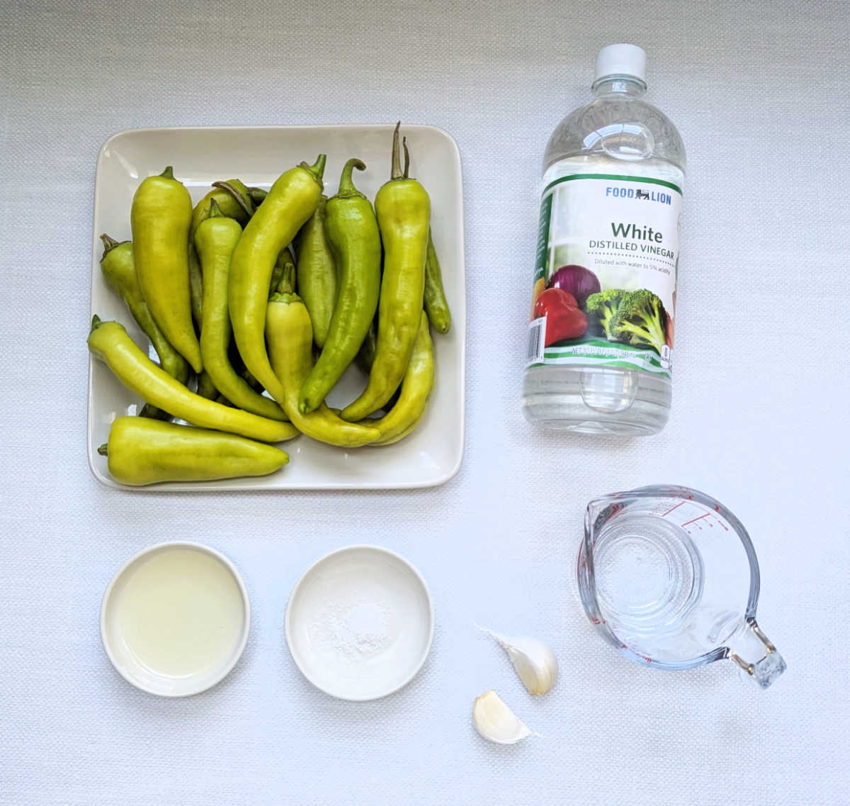 A photo of the ingredients needed to make Hot Banana Pepper Garlic Hot Sauce.