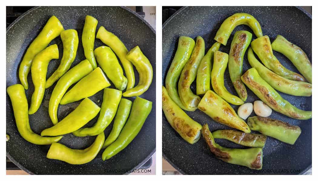 A side-by-side of a pan of peppers with raw on the left and cooked on the right.