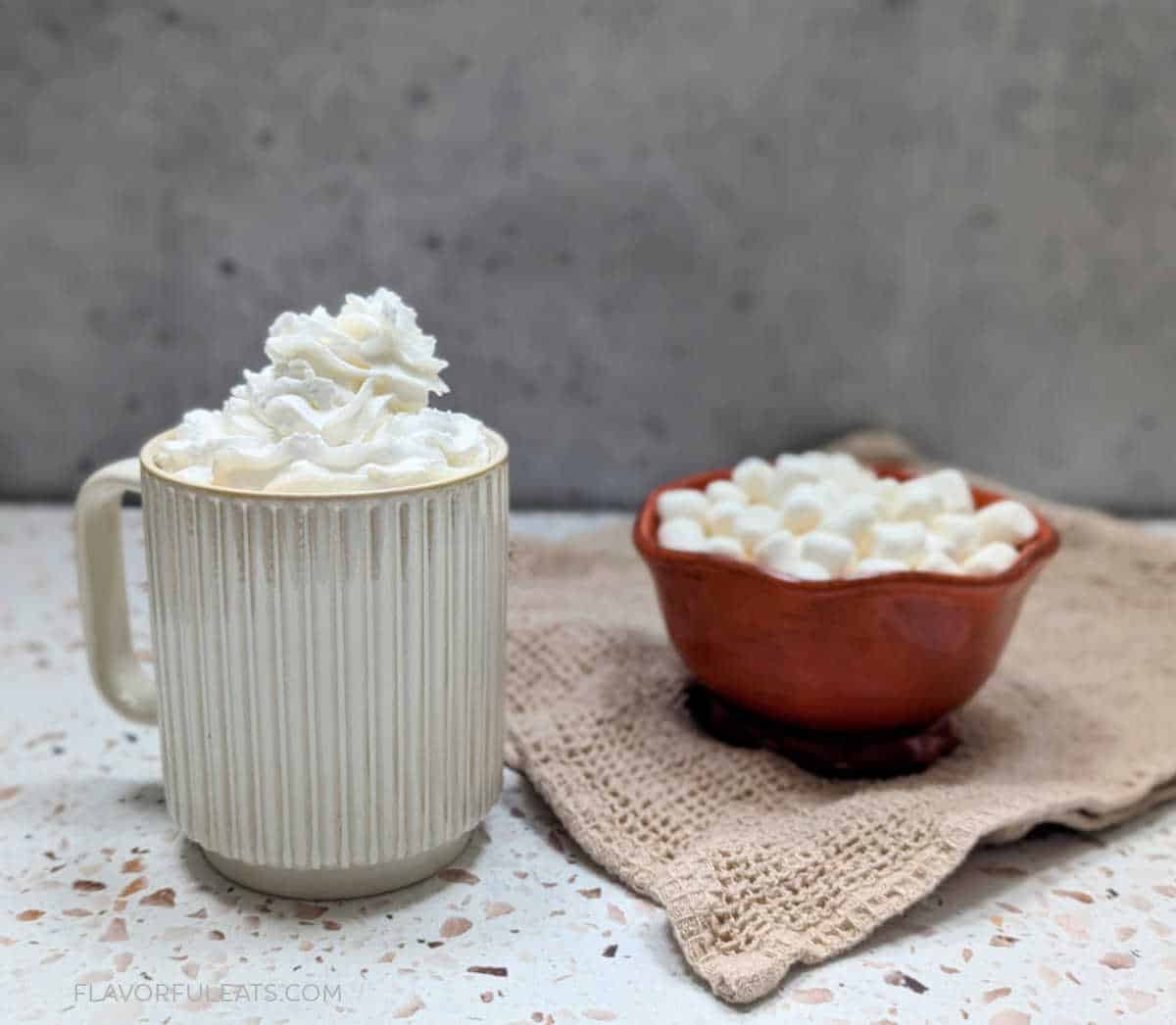 Slow Cooker Boozy Chocolate Coffee in a mug with a bowl of marshmallows beside it.