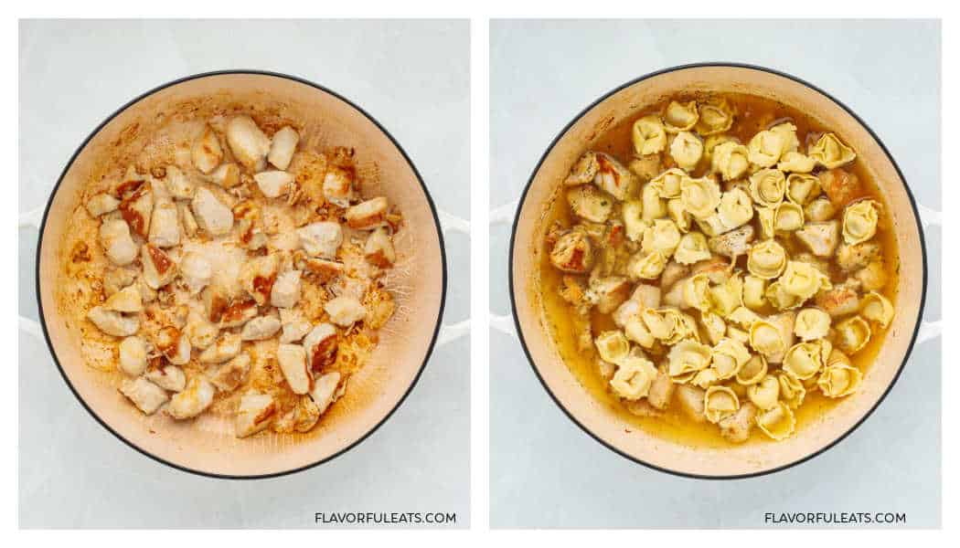 (Left) chicken cooking in a pan, (Right) tortellini and broth added to make One-Pan Creamy Chicken & Tortellini.