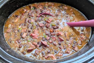 Slow Cooker Smoked Sausage Black Bean Stew in the slow cooker.