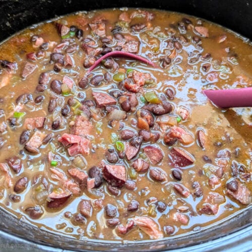 Slow Cooker Smoked Sausage Black Bean Stew in the slow cooker.