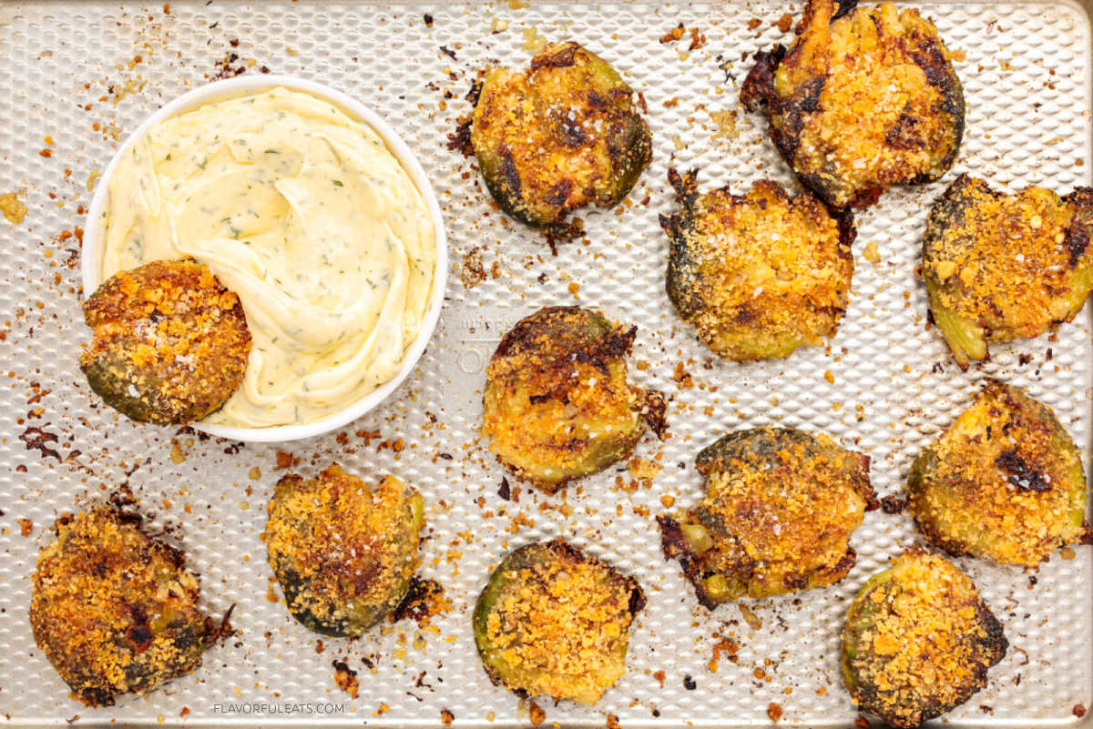 Crispy Smashed Brussels Sprouts with dipping sauce.