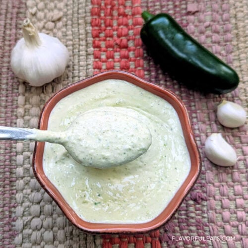 Roasted Jalapeno Aioli in a bowl with a spoon.