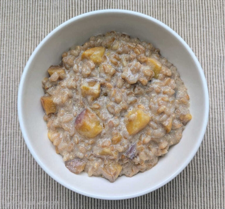 Slow Cooker Peaches & Cream Farro up close in a bowl.