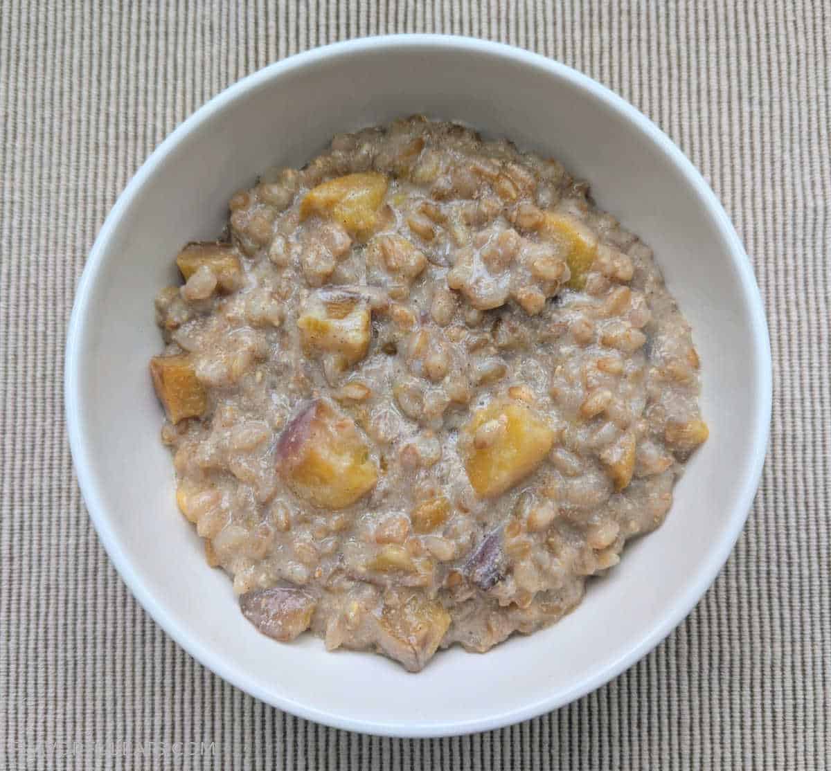 Slow Cooker Peaches & Cream Farro up close in a bowl.