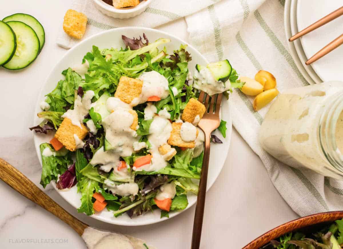 Creamy Roasted Garlic Dressing on a salad.