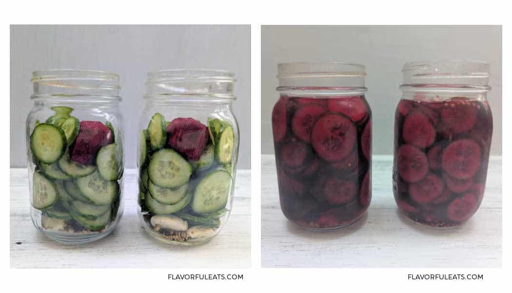 A side-by-side of the ingredients in the jars (left) and the brine added (right), showing the pickles turning color.