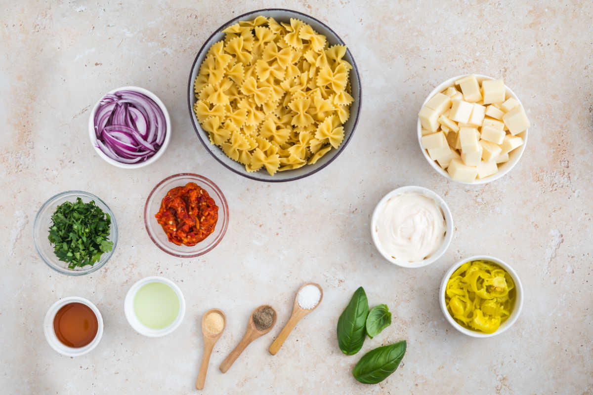 The ingredients needed to make Calabrian Chili Pasta Salad.