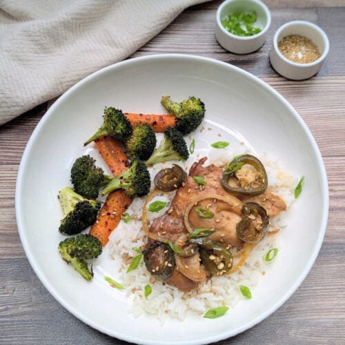 Slow Cooker Soy Jalapeno Chicken plated with vegetables.