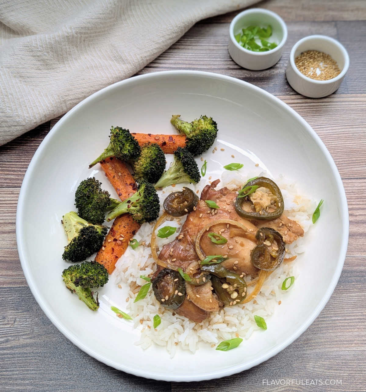 Slow Cooker Soy Jalapeno Chicken plated with vegetables.