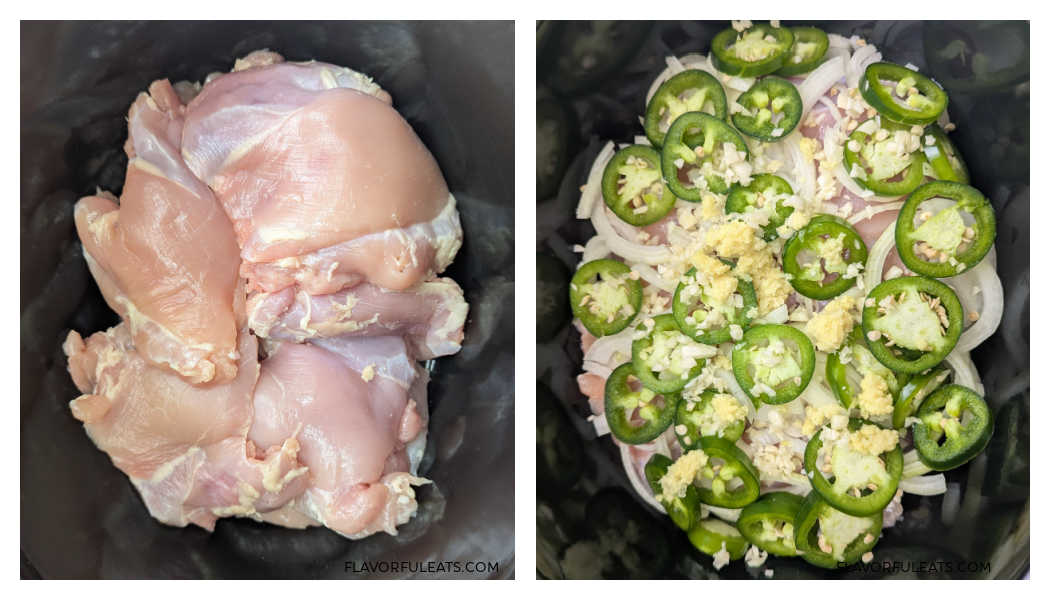 A side-by-side photo of left, chicken in the slow cooker and right, the chicken is topped with jalapeno, onion, ginger, and garlic.