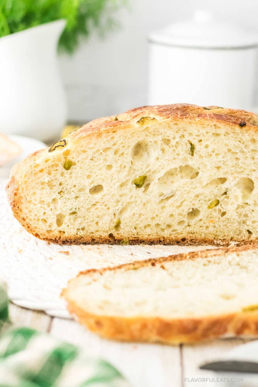 The inside of No-Knead Dutch Oven Pickle Bread.