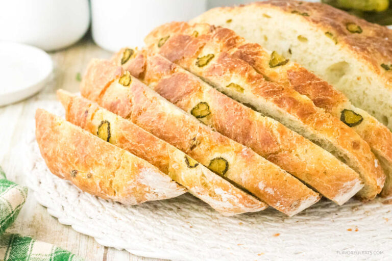No-Knead Dutch Oven Pickle Bread, sliced.
