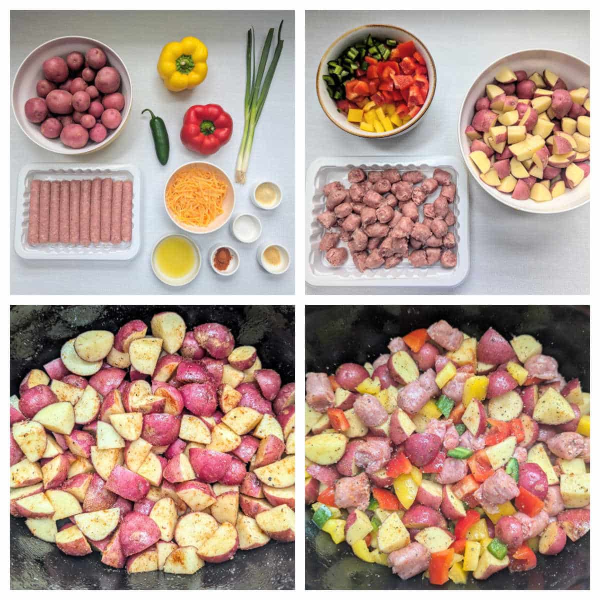 A collage of photos of Slow Cooker Sausage Breakfast Hash being prepared.