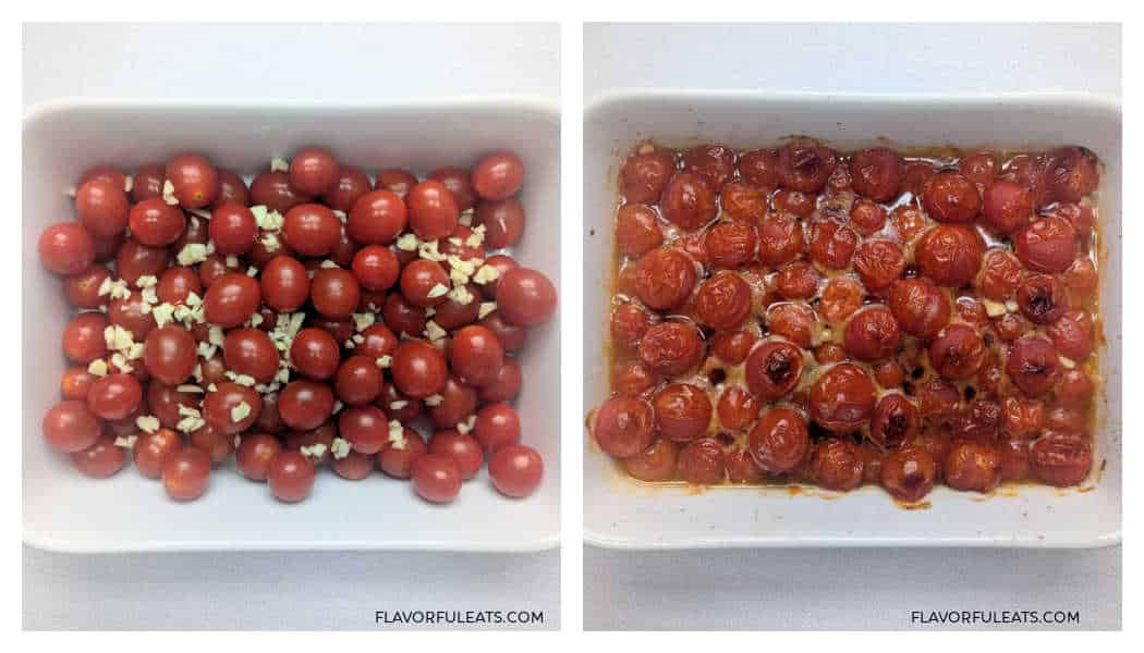 Tomatoes and garlic (left) before they've roasted and (right) after they've roasted for Roasted Cherry Tomato Goat Cheese Dip.