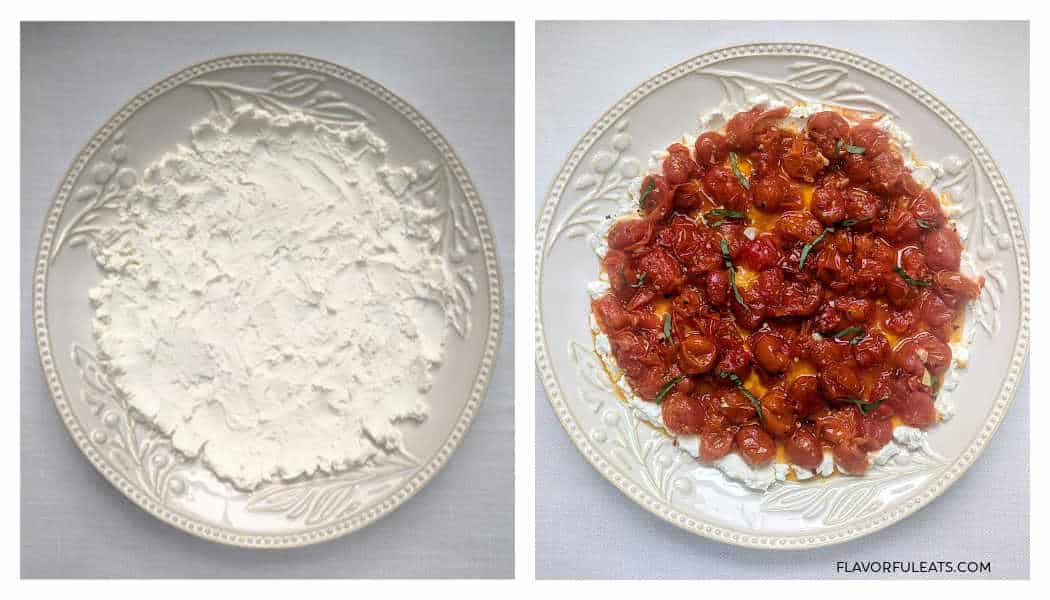 (Left) Goat cheese spread on a platter, (Right) the goat cheese is topped with the roasted tomatoes and garlic.