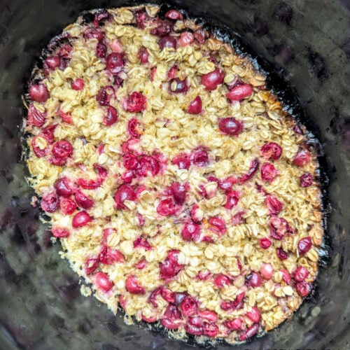 Slow Cooker Cranberry Orange Baked Oatmeal after it's cooked in the slow cooker.