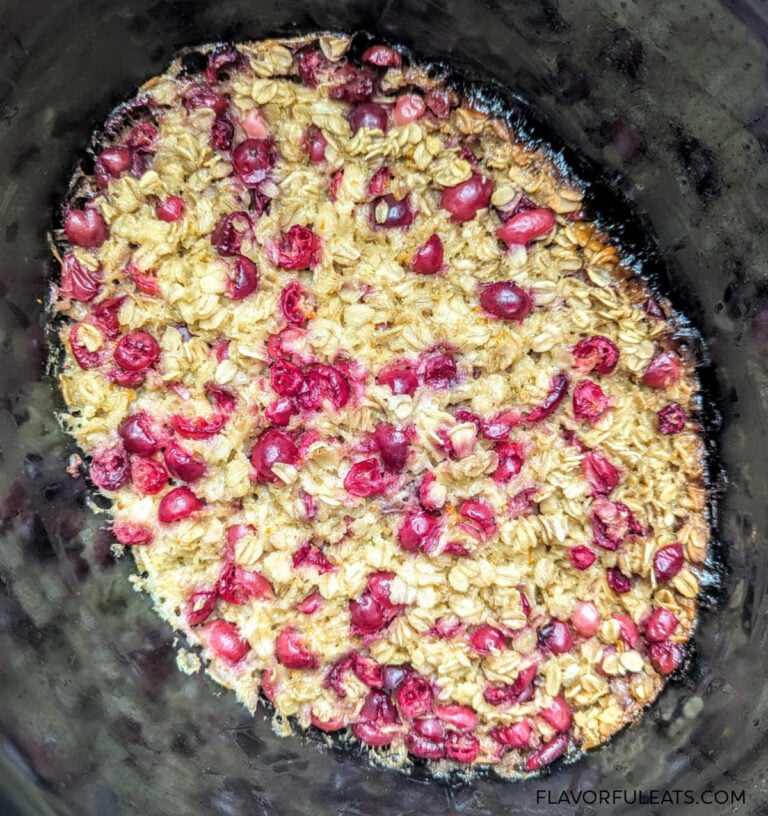 Slow Cooker Cranberry Orange Baked Oatmeal after it's cooked in the slow cooker.